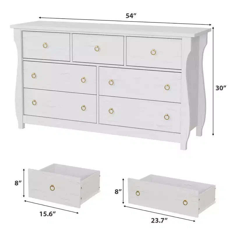 Commode à 6/7 tiroirs - Commode haute de style bohème avec pieds incurvés, accents en rotin et rangement autoportant pour salon, chambre à coucher, entrée