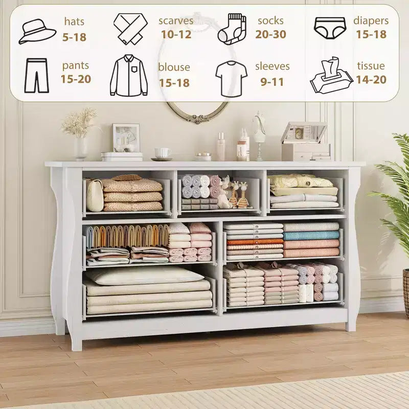 Commode à 6/7 tiroirs - Commode haute de style bohème avec pieds incurvés, accents en rotin et rangement autoportant pour salon, chambre à coucher, entrée