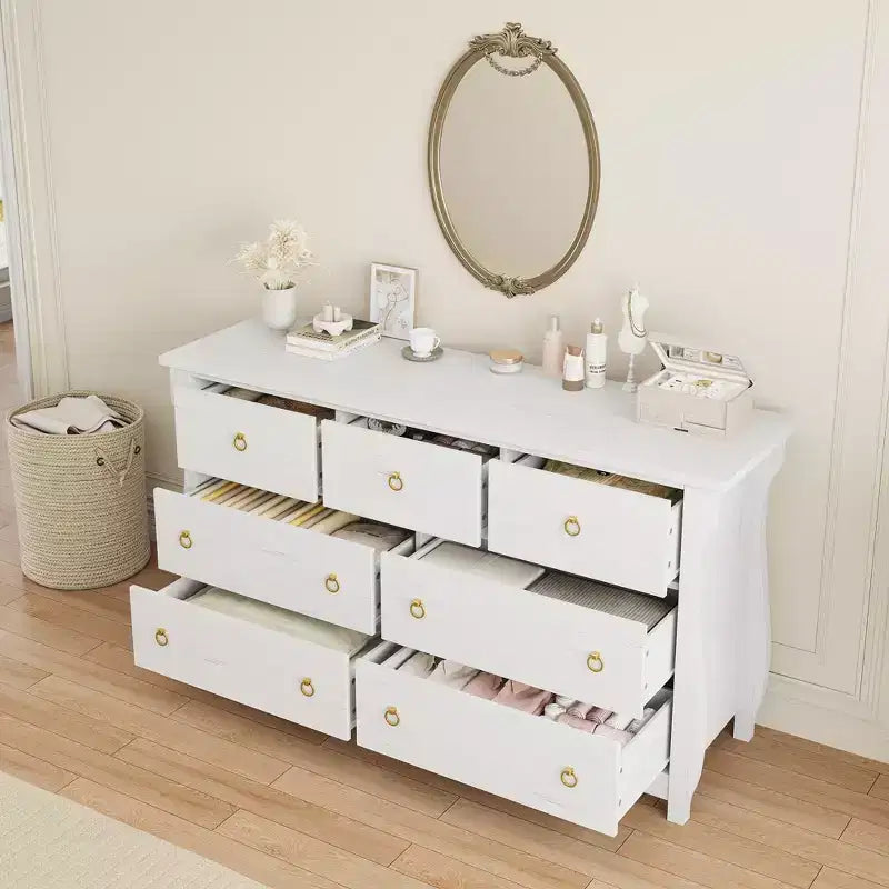 Commode à 6/7 tiroirs - Commode haute de style bohème avec pieds incurvés, accents en rotin et rangement autoportant pour salon, chambre à coucher, entrée