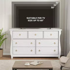 Commode à 6/7 tiroirs - Commode haute de style bohème avec pieds incurvés, accents en rotin et rangement autoportant pour salon, chambre à coucher, entrée