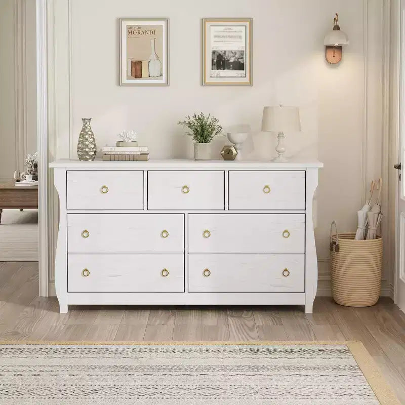 Commode à 6/7 tiroirs - Commode haute de style bohème avec pieds incurvés, accents en rotin et rangement autoportant pour salon, chambre à coucher, entrée
