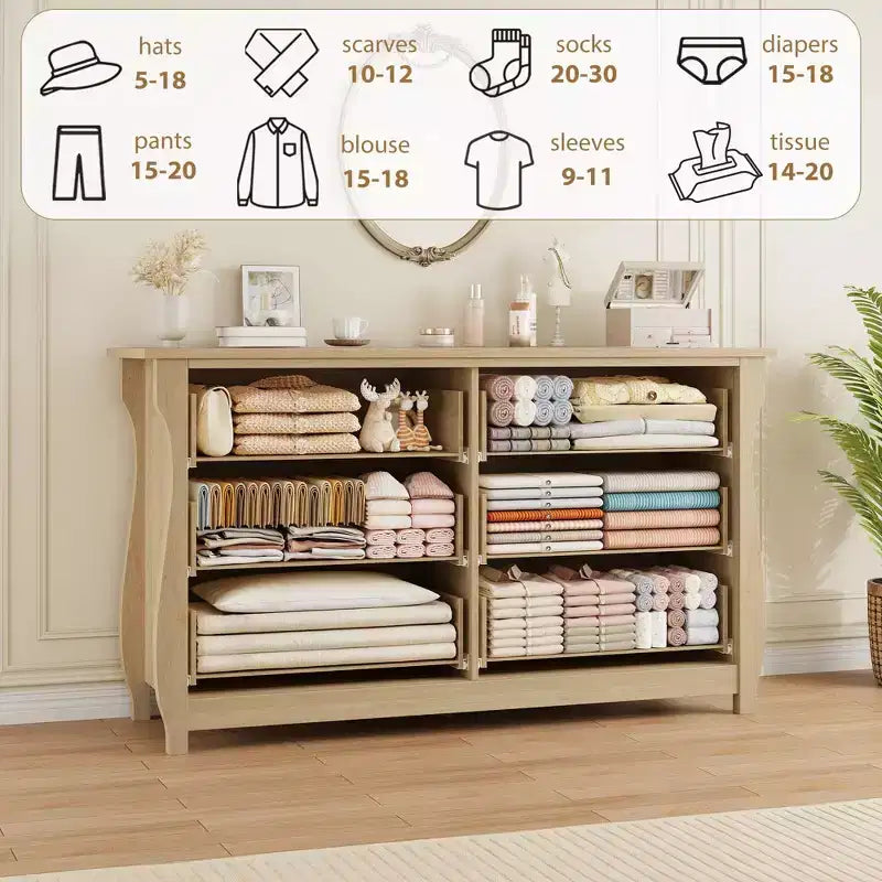 Commode à 6/7 tiroirs - Commode haute de style bohème avec pieds incurvés, accents en rotin et rangement autoportant pour salon, chambre à coucher, entrée