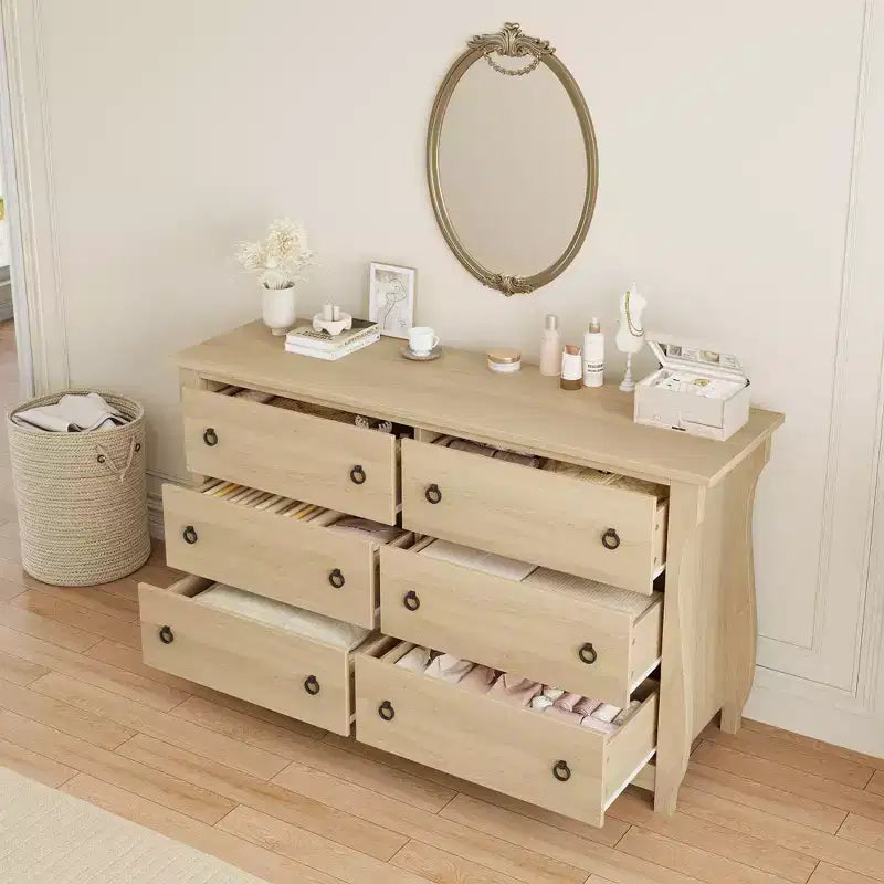 Commode à 6/7 tiroirs - Commode haute de style bohème avec pieds incurvés, accents en rotin et rangement autoportant pour salon, chambre à coucher, entrée