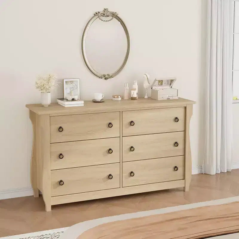 Commode à 6/7 tiroirs - Commode haute de style bohème avec pieds incurvés, accents en rotin et rangement autoportant pour salon, chambre à coucher, entrée