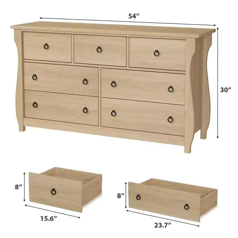Commode à 6/7 tiroirs - Commode haute de style bohème avec pieds incurvés, accents en rotin et rangement autoportant pour salon, chambre à coucher, entrée