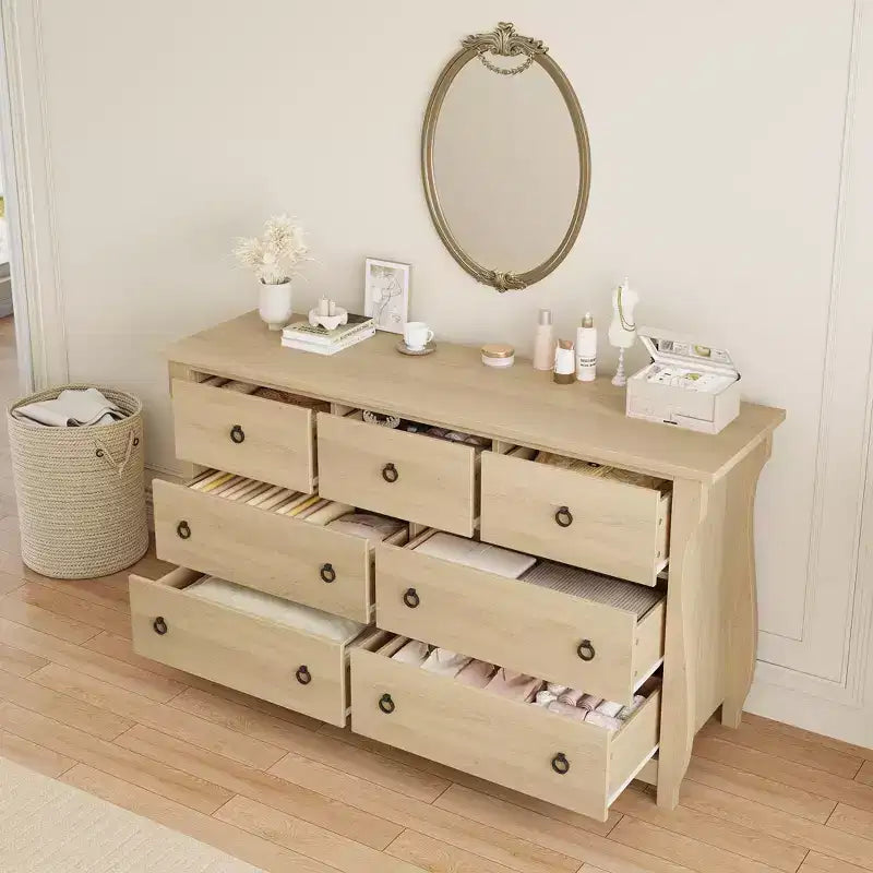 Commode à 6/7 tiroirs - Commode haute de style bohème avec pieds incurvés, accents en rotin et rangement autoportant pour salon, chambre à coucher, entrée