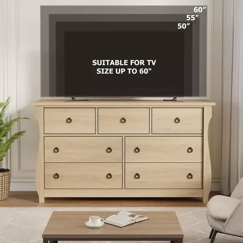 Commode à 6/7 tiroirs - Commode haute de style bohème avec pieds incurvés, accents en rotin et rangement autoportant pour salon, chambre à coucher, entrée
