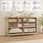 Commode à 6/7 tiroirs - Commode haute de style bohème avec pieds incurvés, accents en rotin et rangement autoportant pour salon, chambre à coucher, entrée