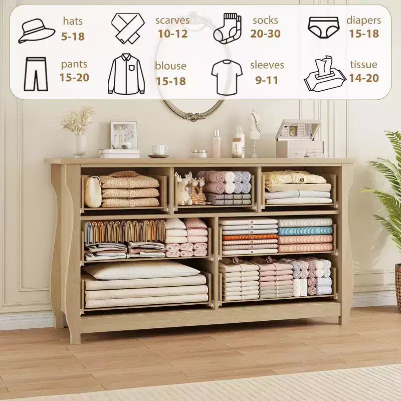 Commode à 6/7 tiroirs - Commode haute de style bohème avec pieds incurvés, accents en rotin et rangement autoportant pour salon, chambre à coucher, entrée