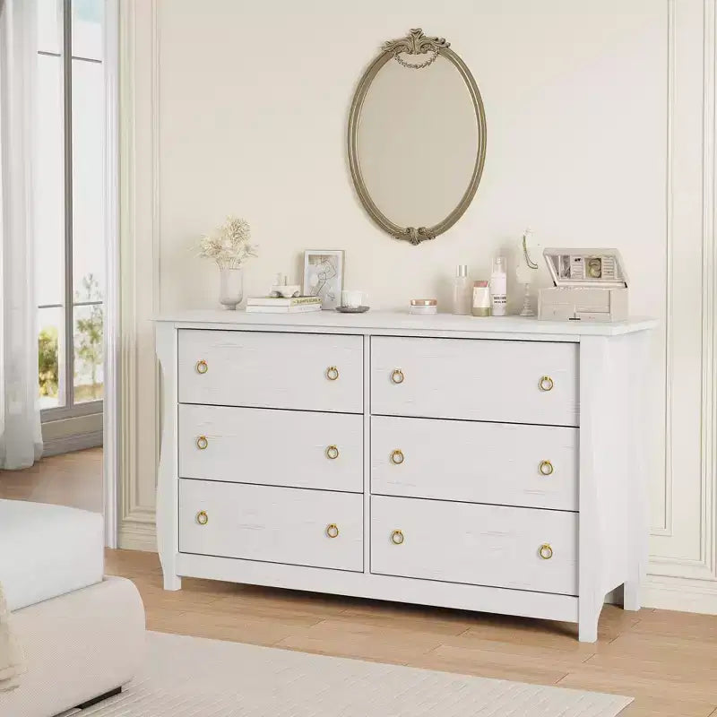 Commode à 6/7 tiroirs - Commode haute de style bohème avec pieds incurvés, accents en rotin et rangement autoportant pour salon, chambre à coucher, entrée