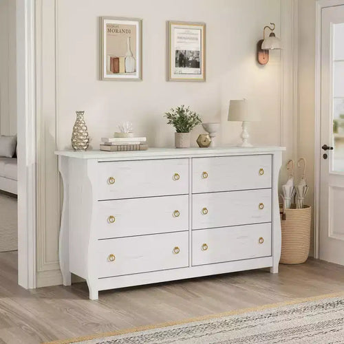 6/7-Drawer Dresser - Tall Boho Dresser with Curved Legs, Rattan Accents, and Freestanding Storage for Living Room, Bedroom, Entryway