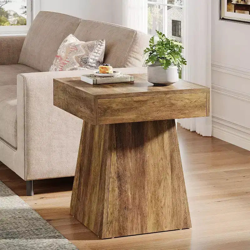 Petite table d'appoint, table d'appoint carrée rustique avec base large, table de chevet de style ferme, à côté du fauteuil