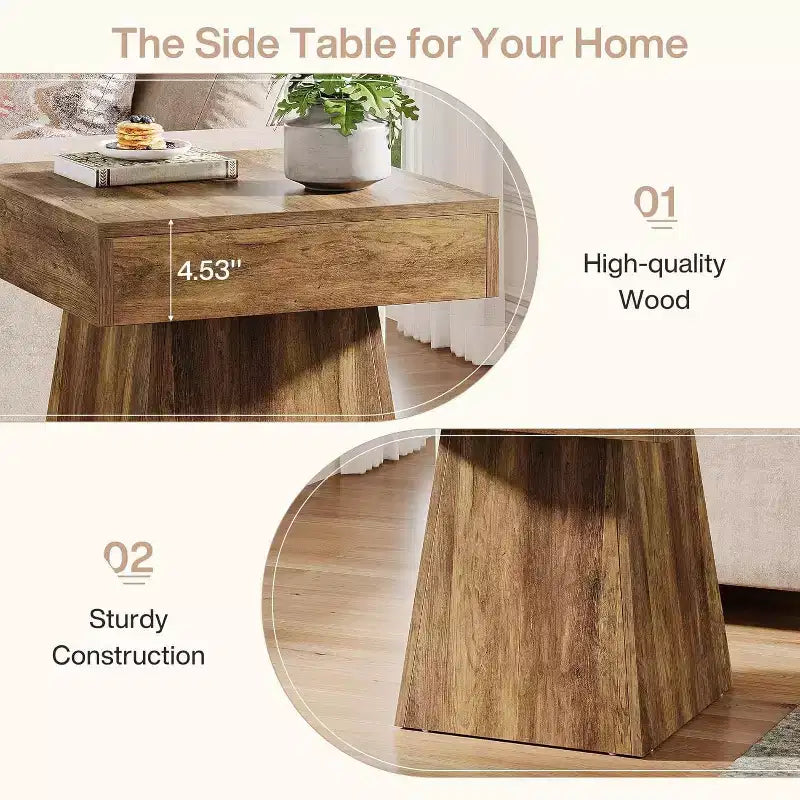 Petite table d'appoint, table d'appoint carrée rustique avec base large, table de chevet de style ferme, à côté du fauteuil