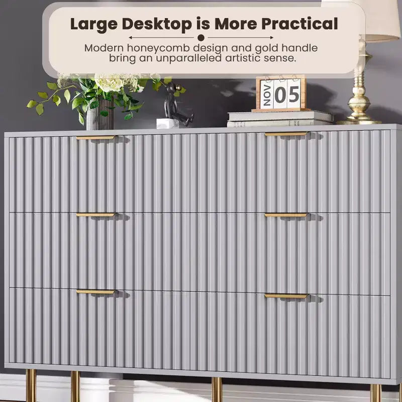 Commode à 6 tiroirs cannelés pour chambre à coucher, commode moderne de 120 cm de large avec tiroirs profonds, grande commode double, meuble TV, organisateur en bois