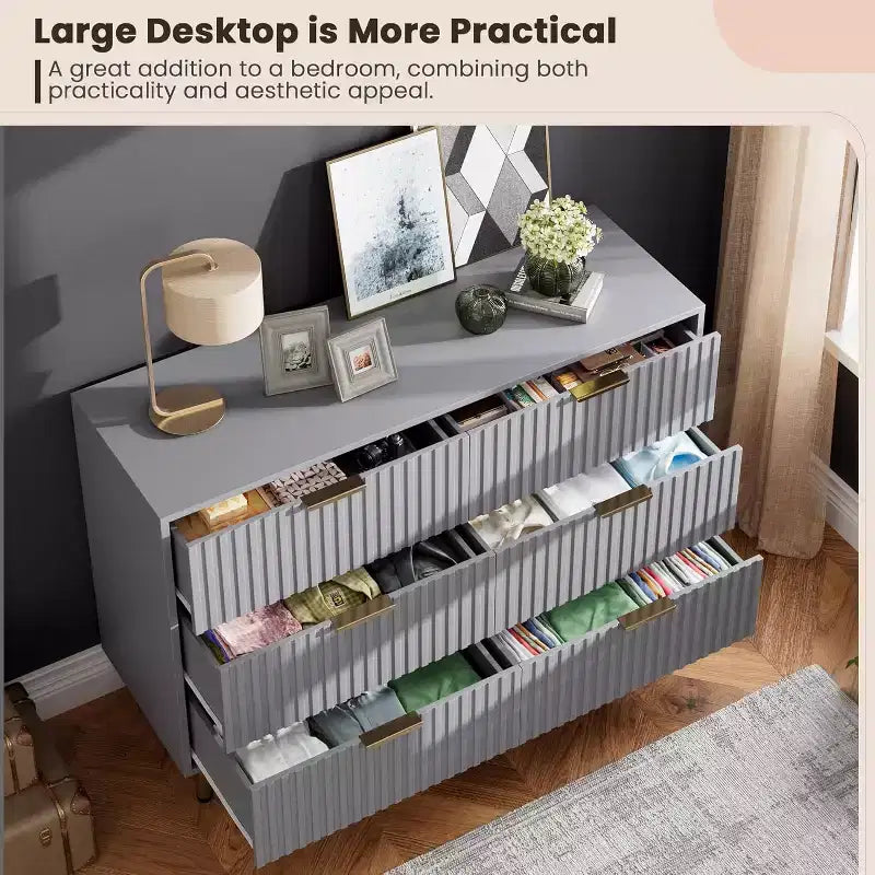 Commode à 6 tiroirs cannelés pour chambre à coucher, commode moderne de 120 cm de large avec tiroirs profonds, grande commode double, meuble TV, organisateur en bois