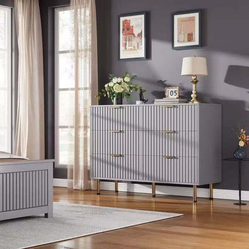 Commode à 6 tiroirs cannelés pour chambre à coucher, commode moderne de 120 cm de large avec tiroirs profonds, grande commode double, meuble TV, organisateur en bois