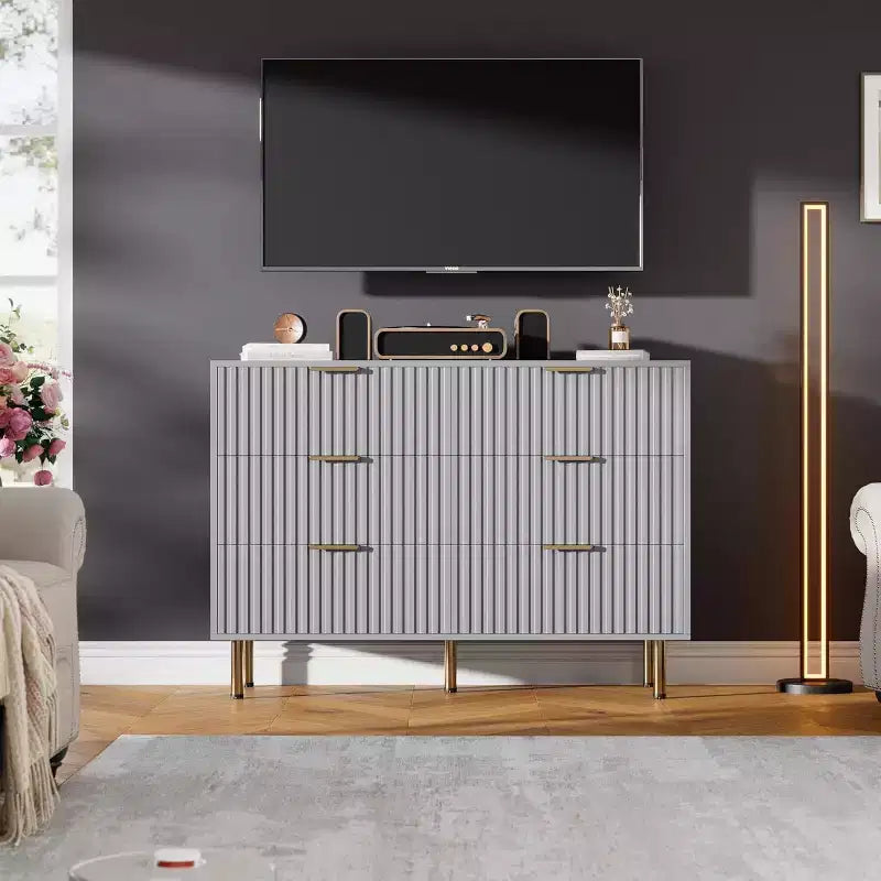 Commode à 6 tiroirs cannelés pour chambre à coucher, commode moderne de 120 cm de large avec tiroirs profonds, grande commode double, meuble TV, organisateur en bois