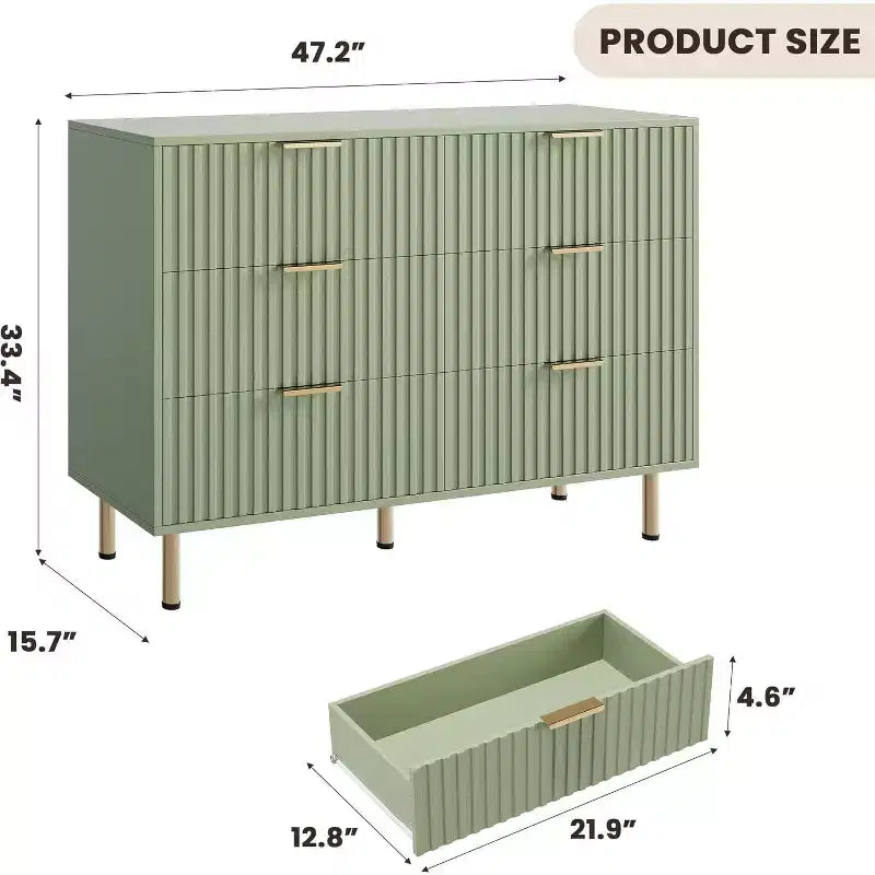 Commode à 6 tiroirs cannelés pour chambre à coucher, commode moderne de 120 cm de large avec tiroirs profonds, grande commode double, meuble TV, organisateur en bois