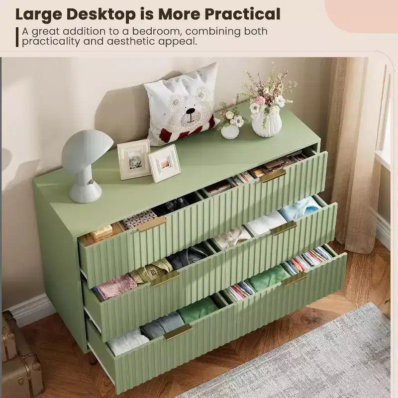Commode à 6 tiroirs cannelés pour chambre à coucher, commode moderne de 120 cm de large avec tiroirs profonds, grande commode double, meuble TV, organisateur en bois