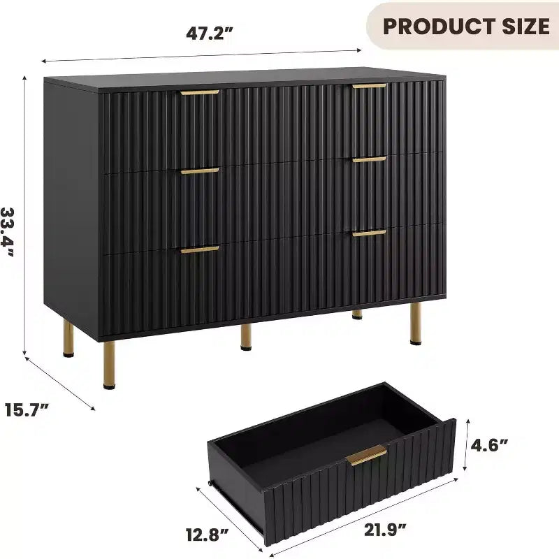 Commode à 6 tiroirs cannelés pour chambre à coucher, commode moderne de 120 cm de large avec tiroirs profonds, grande commode double, meuble TV, organisateur en bois