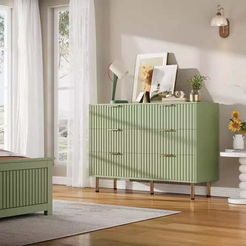 Commode à 6 tiroirs cannelés pour chambre à coucher, commode moderne de 120 cm de large avec tiroirs profonds, grande commode double, meuble TV, organisateur en bois