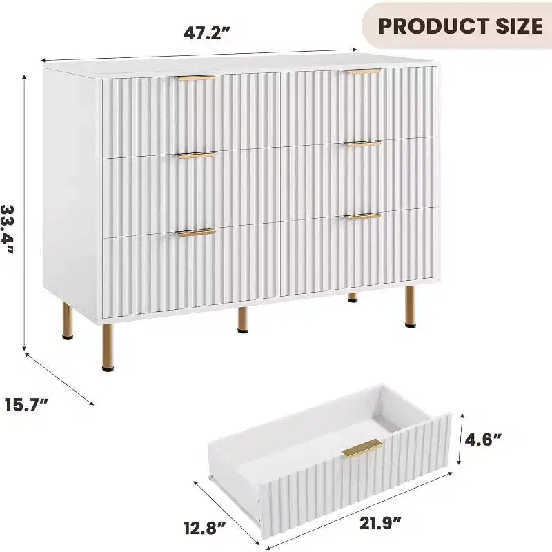 Commode à 6 tiroirs cannelés pour chambre à coucher, commode moderne de 120 cm de large avec tiroirs profonds, grande commode double, meuble TV, organisateur en bois