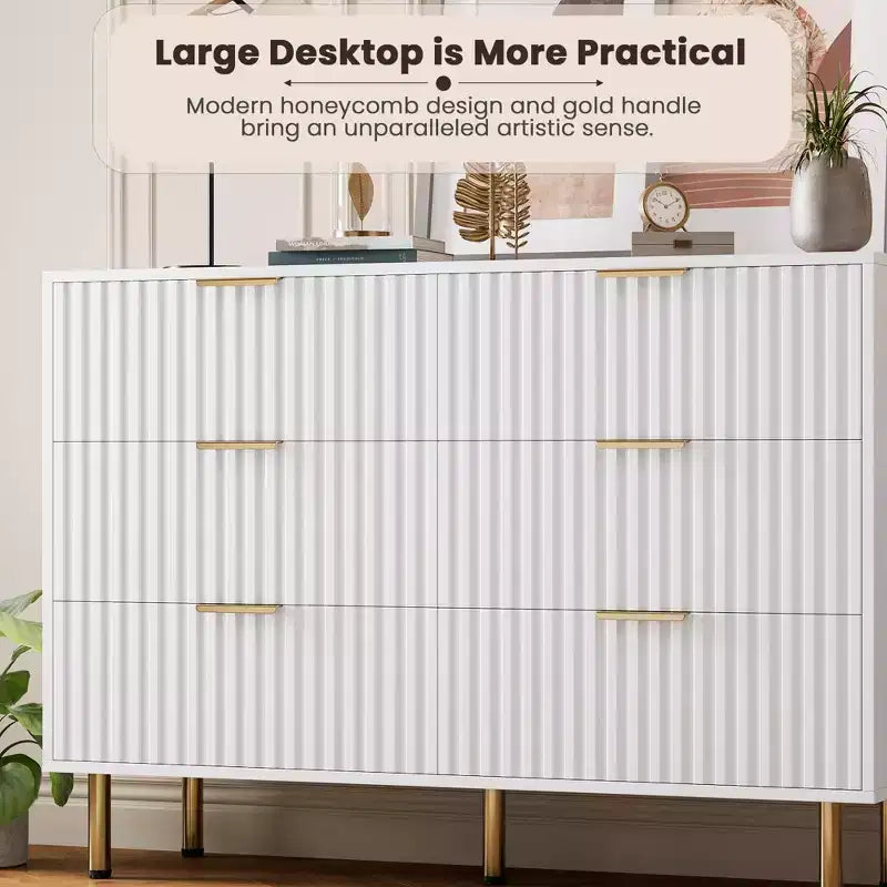 Commode à 6 tiroirs cannelés pour chambre à coucher, commode moderne de 120 cm de large avec tiroirs profonds, grande commode double, meuble TV, organisateur en bois