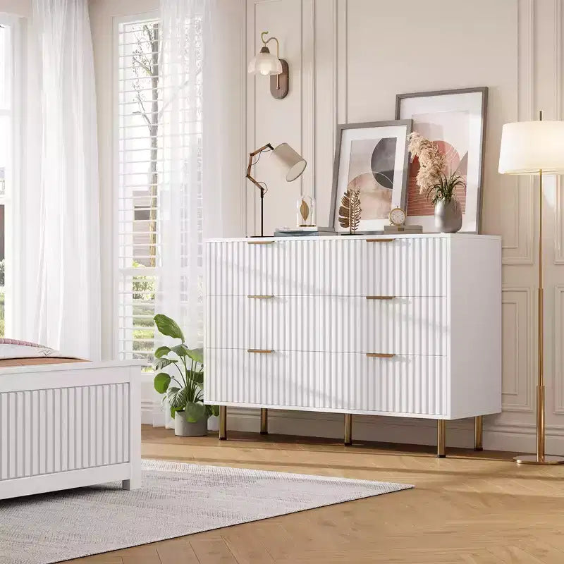 Commode à 6 tiroirs cannelés pour chambre à coucher, commode moderne de 120 cm de large avec tiroirs profonds, grande commode double, meuble TV, organisateur en bois