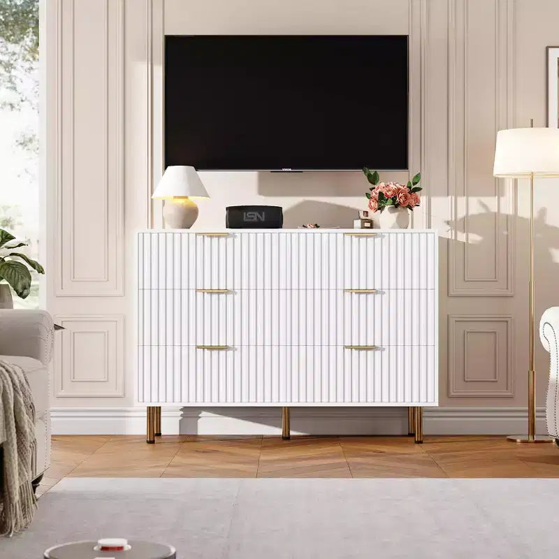 Commode à 6 tiroirs cannelés pour chambre à coucher, commode moderne de 120 cm de large avec tiroirs profonds, grande commode double, meuble TV, organisateur en bois