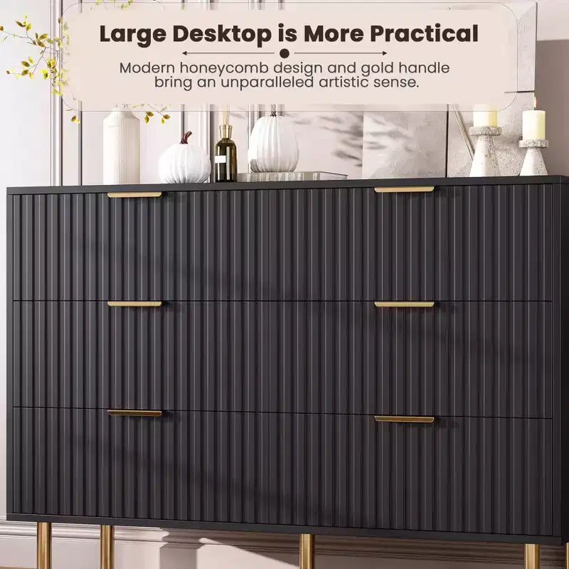 Commode à 6 tiroirs cannelés pour chambre à coucher, commode moderne de 120 cm de large avec tiroirs profonds, grande commode double, meuble TV, organisateur en bois