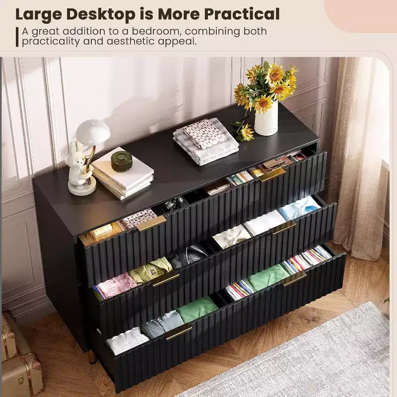 Commode à 6 tiroirs cannelés pour chambre à coucher, commode moderne de 120 cm de large avec tiroirs profonds, grande commode double, meuble TV, organisateur en bois
