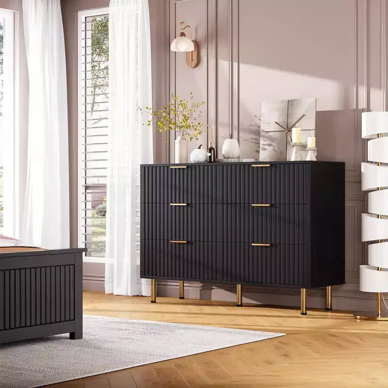 Commode à 6 tiroirs cannelés pour chambre à coucher, commode moderne de 120 cm de large avec tiroirs profonds, grande commode double, meuble TV, organisateur en bois