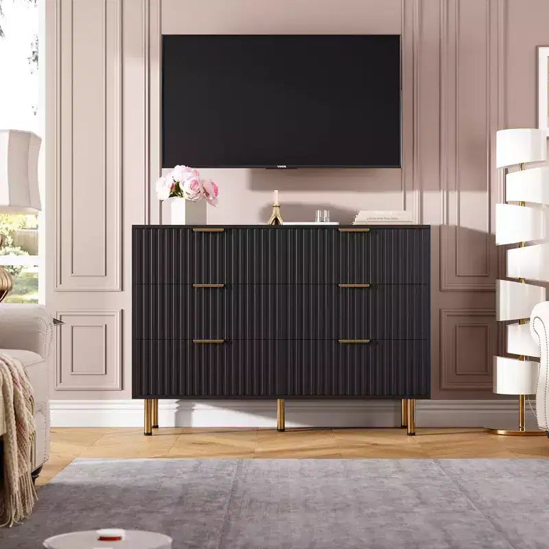 Commode à 6 tiroirs cannelés pour chambre à coucher, commode moderne de 120 cm de large avec tiroirs profonds, grande commode double, meuble TV, organisateur en bois
