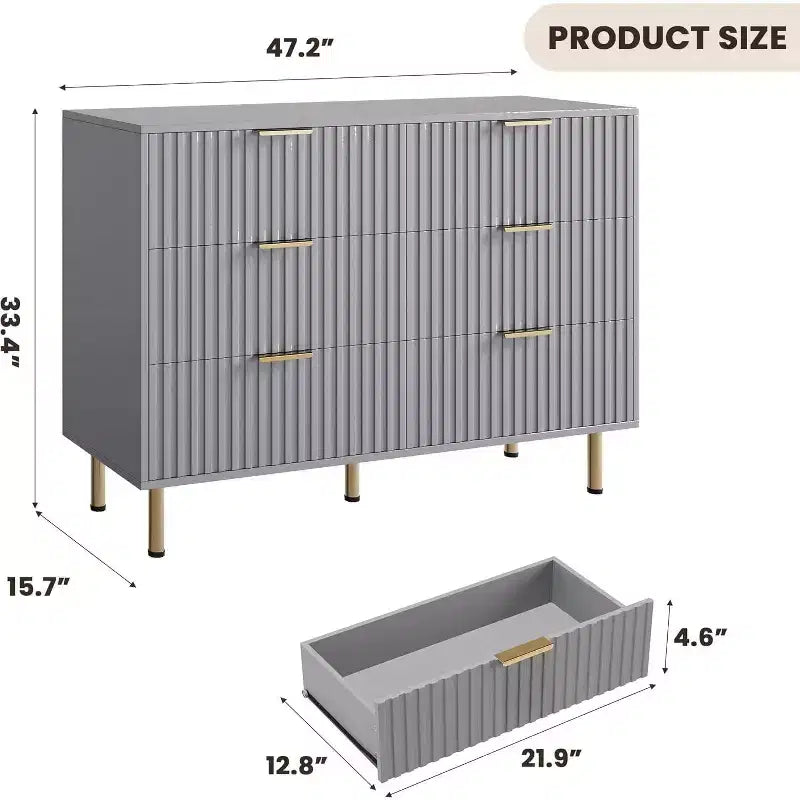 Commode à 6 tiroirs cannelés pour chambre à coucher, commode moderne de 120 cm de large avec tiroirs profonds, grande commode double, meuble TV, organisateur en bois