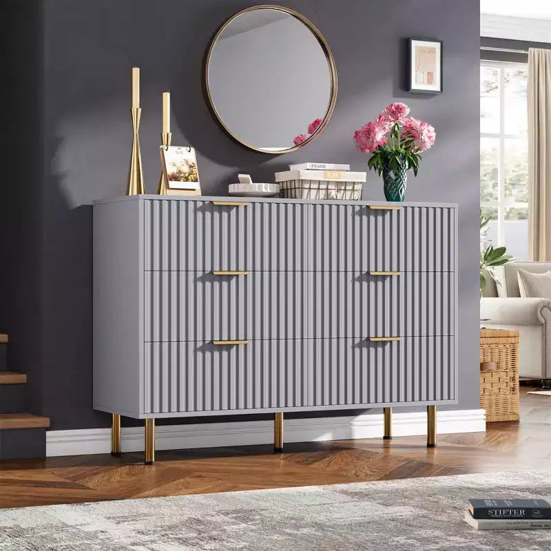 Commode à 6 tiroirs cannelés pour chambre à coucher, commode moderne de 120 cm de large avec tiroirs profonds, grande commode double, meuble TV, organisateur en bois