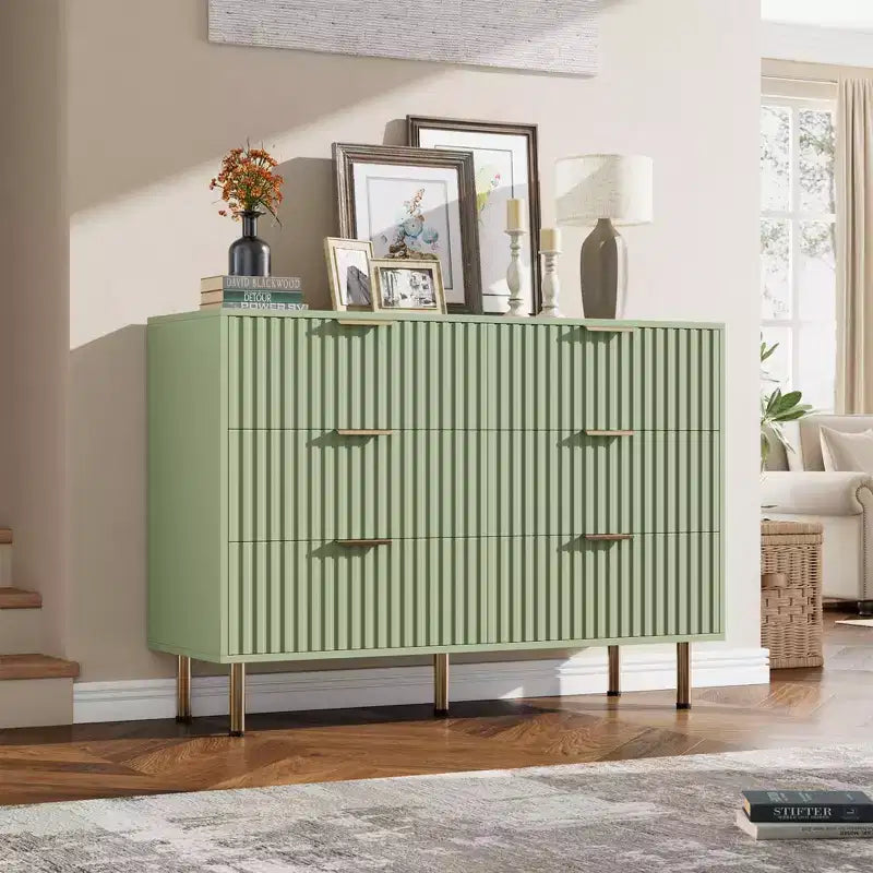 Commode à 6 tiroirs cannelés pour chambre à coucher, commode moderne de 120 cm de large avec tiroirs profonds, grande commode double, meuble TV, organisateur en bois