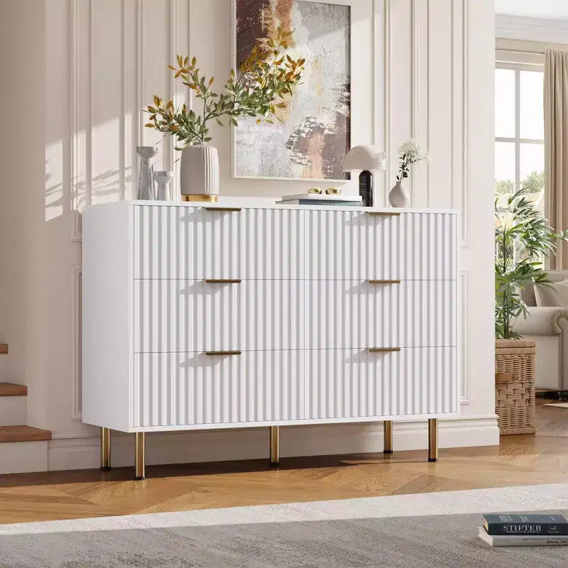 Commode à 6 tiroirs cannelés pour chambre à coucher, commode moderne de 120 cm de large avec tiroirs profonds, grande commode double, meuble TV, organisateur en bois