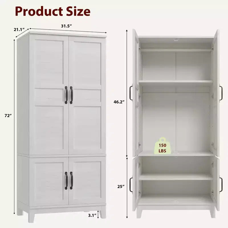 Armoire penderie avec 4 portes, armoire en bois de 72 po, armoire autonome haute pour vêtements avec étagères réglables
