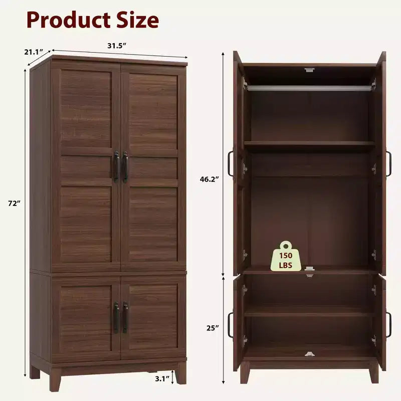 Armoire penderie avec 4 portes, armoire en bois de 72 po, armoire autonome haute pour vêtements avec étagères réglables