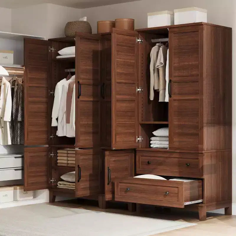 Armoire penderie avec 4 portes, armoire en bois de 72 po, armoire autonome haute pour vêtements avec étagères réglables