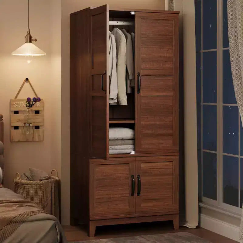 Armoire penderie avec 4 portes, armoire en bois de 72 po, armoire autonome haute pour vêtements avec étagères réglables