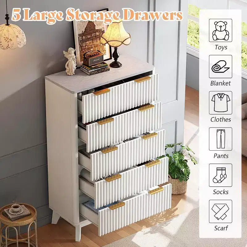 Commode à tiroirs cannelés avec plateau en faux marbre, Grande commode pour chambre à coucher, salon, couloir, entrée