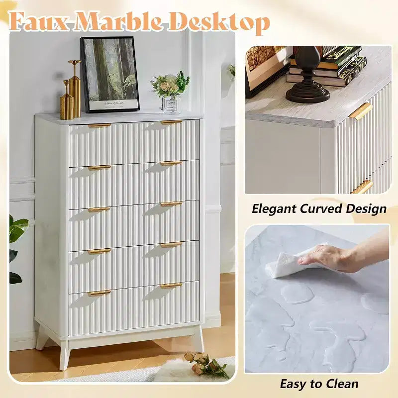 Commode à tiroirs cannelés avec plateau en faux marbre, Grande commode pour chambre à coucher, salon, couloir, entrée