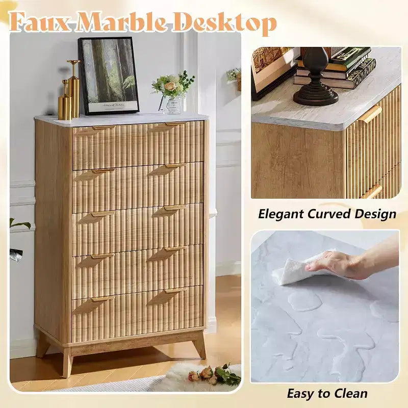 Commode à tiroirs cannelés avec plateau en faux marbre, Grande commode pour chambre à coucher, salon, couloir, entrée