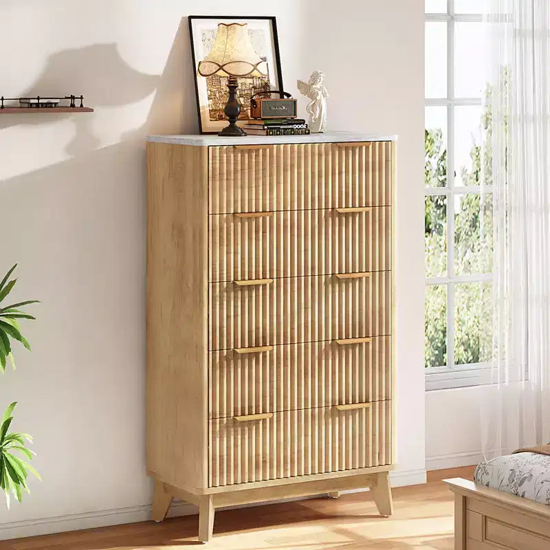 AMERLIFE Fluted Drawer Dresser with Faux Marble Top, Wide Chest of Drawers for Bedroom, Living Room, Hallway, Entryway