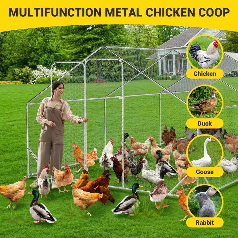 Poulailler, Grand enclos métallique pour poulets – Volière de plain-pied avec bâche imperméable anti-UV, toit en forme de flèche pour une utilisation en extérieur à la ferme