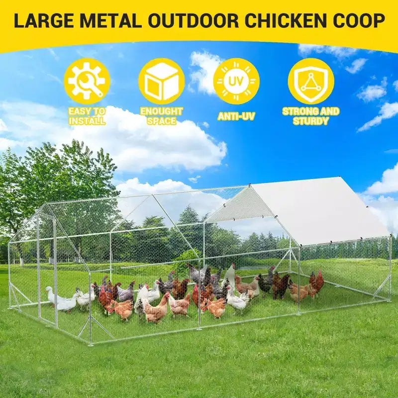 Poulailler, Grand enclos métallique pour poulets – Volière de plain-pied avec bâche imperméable anti-UV, toit en forme de flèche pour une utilisation en extérieur à la ferme