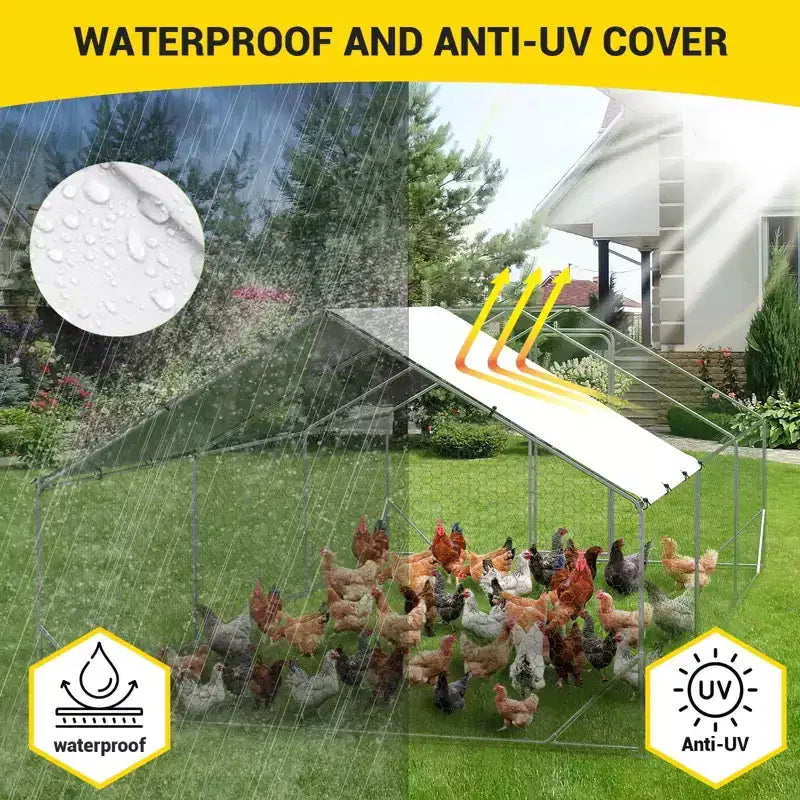 Poulailler, Grand enclos métallique pour poulets – Volière de plain-pied avec bâche imperméable anti-UV, toit en forme de flèche pour une utilisation en extérieur à la ferme
