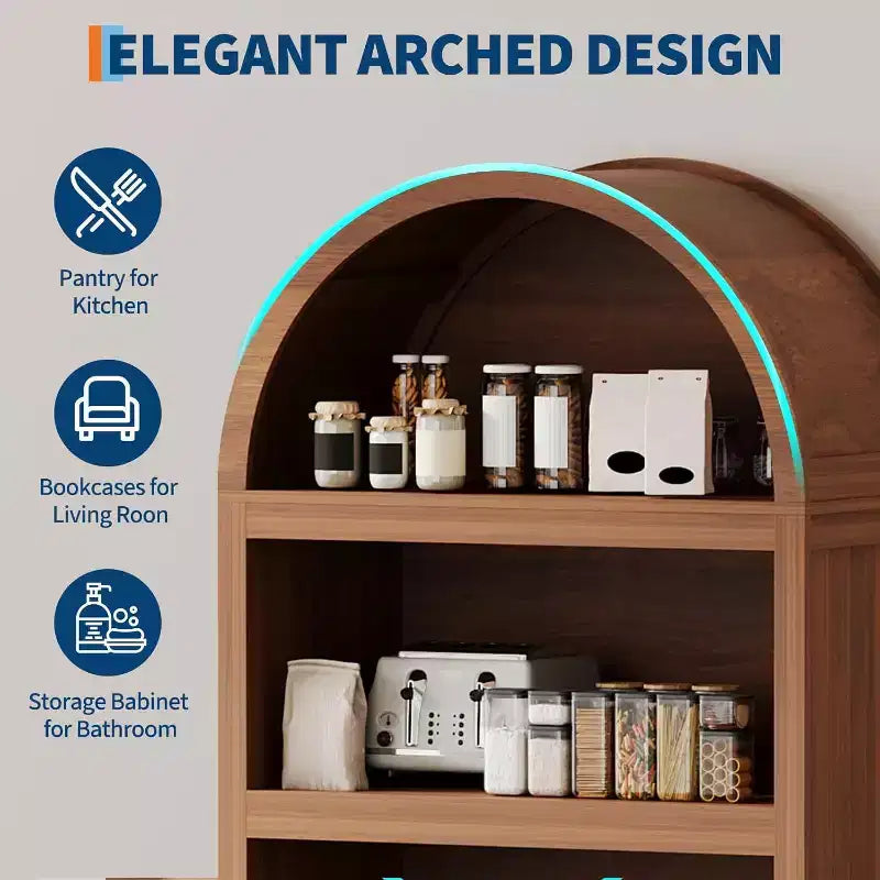 Bibliothèque haute arquée de 180 cm, bibliothèque arquée 5 niveaux style scandinave avec portes, 3 étagères ouvertes et étagère réglable, pour cuisine, salon, bureau