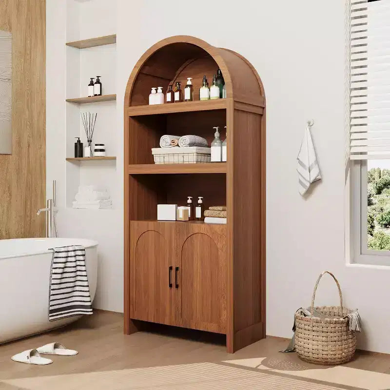 Bibliothèque haute arquée de 180 cm, bibliothèque arquée 5 niveaux style scandinave avec portes, 3 étagères ouvertes et étagère réglable, pour cuisine, salon, bureau